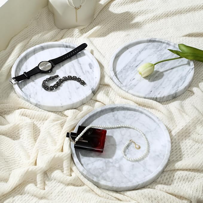 Decorative Round Marble Tray with Anti-Slip Pads, 10 Inches Diameter, Natural White Stone Vanity Organizer (Large)