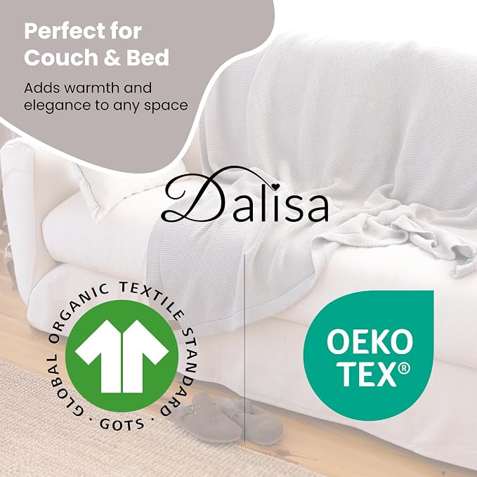 Dalisa 100% Organic Turkish Cotton Throw Blanket Harbor Mist GOTS Certified, Cozy, with Reusable Cotton Gift Bag Perfect for Couch, Bed, and Home Decor Boho Vintage Knit Alina