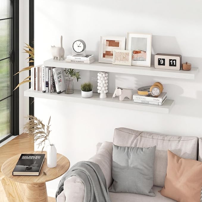 55 inch Floating Shelves for Wall, 9.3in Deep White Shelves Wall Mounted Floating Shelf, Extra Long Wall Shelf for Living Room, Kitchen, Office, Floating TV Stand, 2 Packs