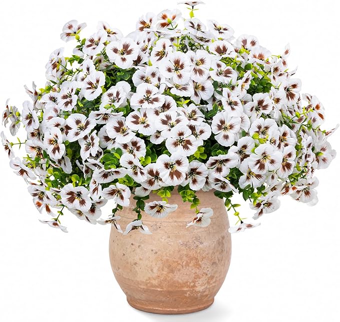 24 Pcs Artificial Fake Pansy Flowers for Outdoor,Faux Silk Plants Flowers UV Resistant Pansies Spring Flowers for Planter Front Door Porch Yard Patio Garden Window Box Home Decor(White)