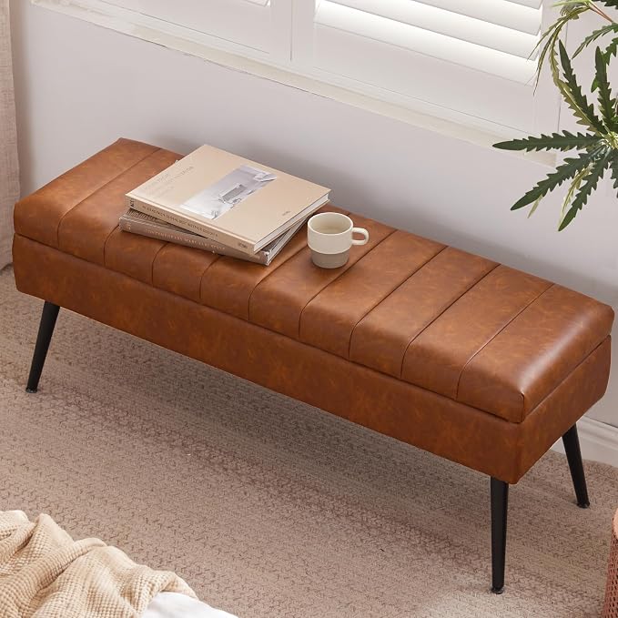 Storage Ottoman Bench, 43.5" Faux Leather Upholstered Entryway Bench, Long Ottoman with Storage for Living Room, Support 660lbs - Cognac Brown