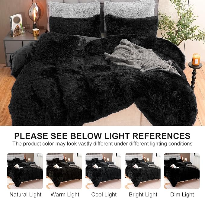 Fluffy Plush Black Duvet Cover Set King Size, Luxury Ultra Soft Velvet Fuzzy Comforter Cover Bed Sets 4Pcs(1 Faux Fur Duvet Cover + 2 Pillow Cases + 1 Pillow Cover) Zipper Closure (King, Black)