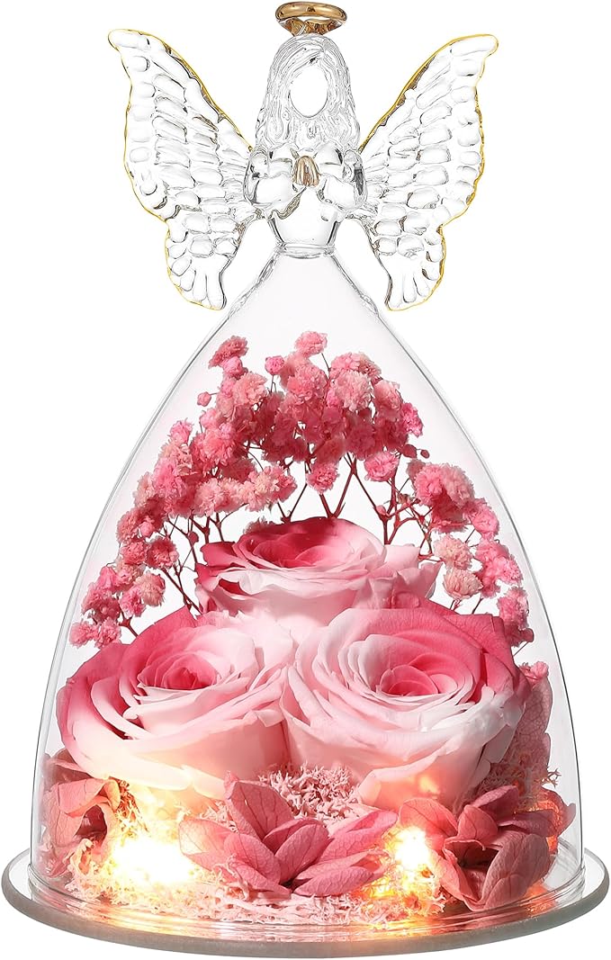 Mothers Day Rose Gifts for Women Preserved Real Flower in Glass Angel Figurines Roses for Delivery Prime Birthday Gifts for Mom Grandma Girlfriend Wife Her, Pink White