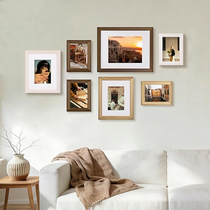 eletecpro Gallery Wall Frame Set of 7, Multiple Sizes Solid Wood Picture Frames Collage Wall Decor Including 1Pc 11x14, 2Pcs 8x10, 4Pcs 5x7 Photo Frames, Natural, White, Brown