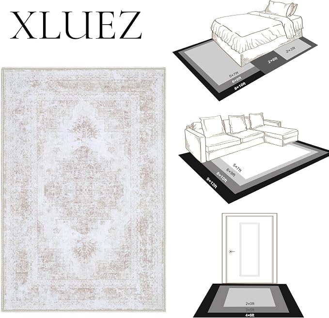 XLUEZ Area Rug 6x9 Living Room Rug, Machine Washable Vintage Distressed Medallion Rug Non-Slip Soft Low Pile Large Indoor Rugs for Bedroom Kitchen Dining Room Office(Beige,6'x9')