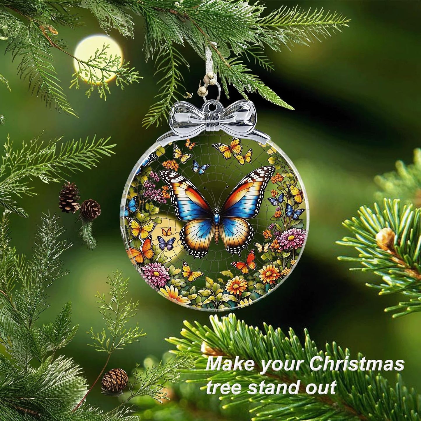 Butterfly Stained Glass Christmas Ornament - Hanging Ornaments for Christmas Tree Decorations -Holiday Keepsake Present Exchange Idea