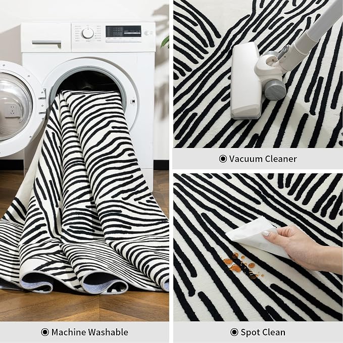 YIHOUSE 9×12 Ft Washable Rug, Black and White Abstract Area Rug for Bedroom, Living Room, Dining Room, Office, Playroom, Nursery, Ultra Thin Nonslip Modern Large Rugs Soft Contemporary Striped Rugs | Large modern abstract 9x12 rug, soft low pile with n...