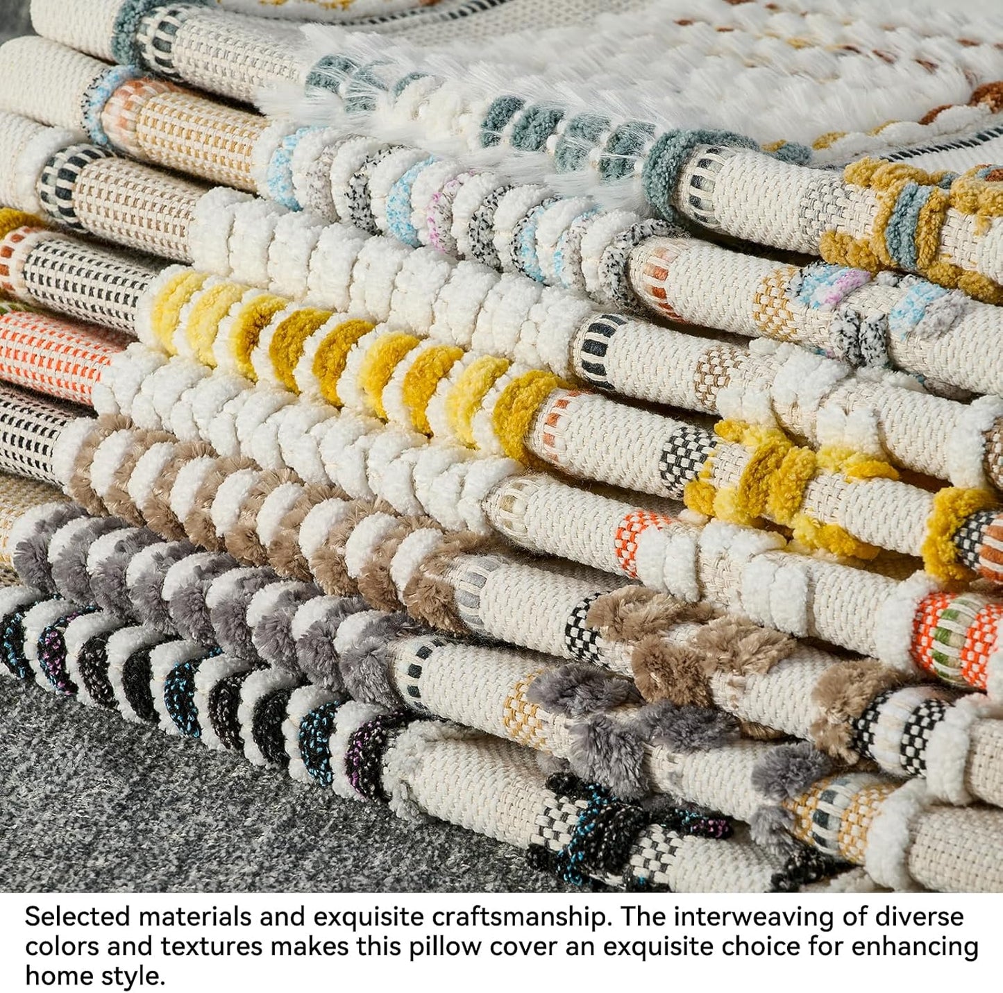 AmHoo Set of 2 Chenille Striped Textured Boho Throw Pillow Covers Aesthetic with Tassels Woven Decorative Pillow Case for Couch Bed Sofa Bedroom Modern Funky 18 x 18-Inch White