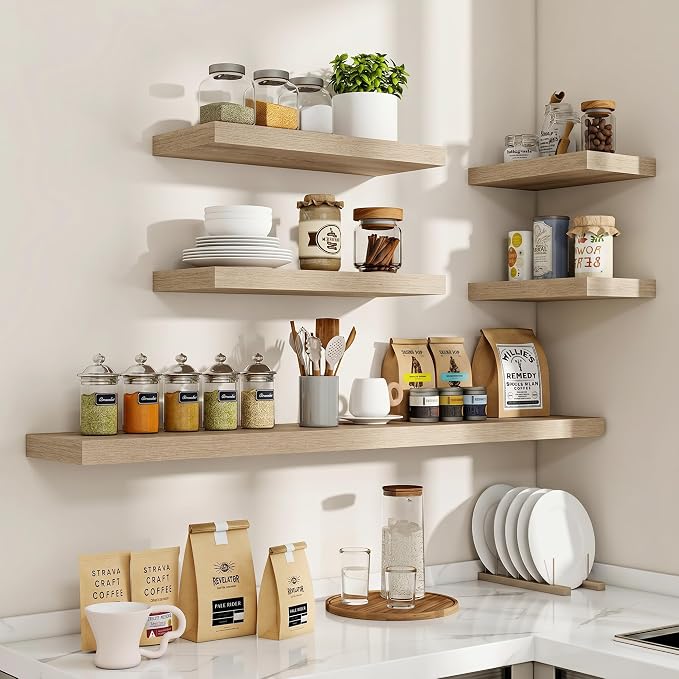 Acovy 72 Inch Floating Shelves, 3D Textured Wood Grain, 72"x9.25"x1.5" Inch Deep Floating Shelves for Wall, Wooden Shelves for Bathroom, Bedroom, Living Room, Vintage White Oak, 1 Piece