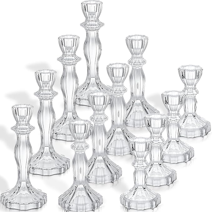 Mumufy 12 Pack Glass Taper Candle Holders Clear Candlestick Holder Fit 0.8 Inch Candles 4'' 6'' 8'' Tall Crystal Decorative Candlestick Stand Centerpiece for Table Wedding Dining Party (Classic)