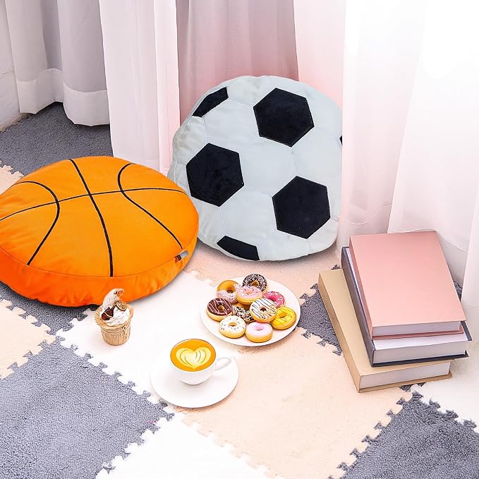 Juexica Sports Throw Pillows Fluffy Stuffed Soccer Basketball Baseball Pillow Plush Toy Sport Cushion for Room Decor Birthday Present(Large,Assorted Color,4)