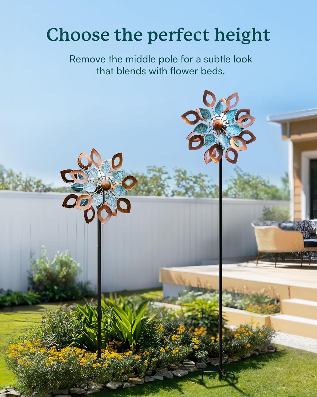 Copper Wind Spinners Outdoor 74 Inches with Solar LED Light, Kinetic Dual Wind Sculptures & Spinners for Yard Lawn Garden Decor, Large Metal Clearance Windmill with Bronze Leaf
