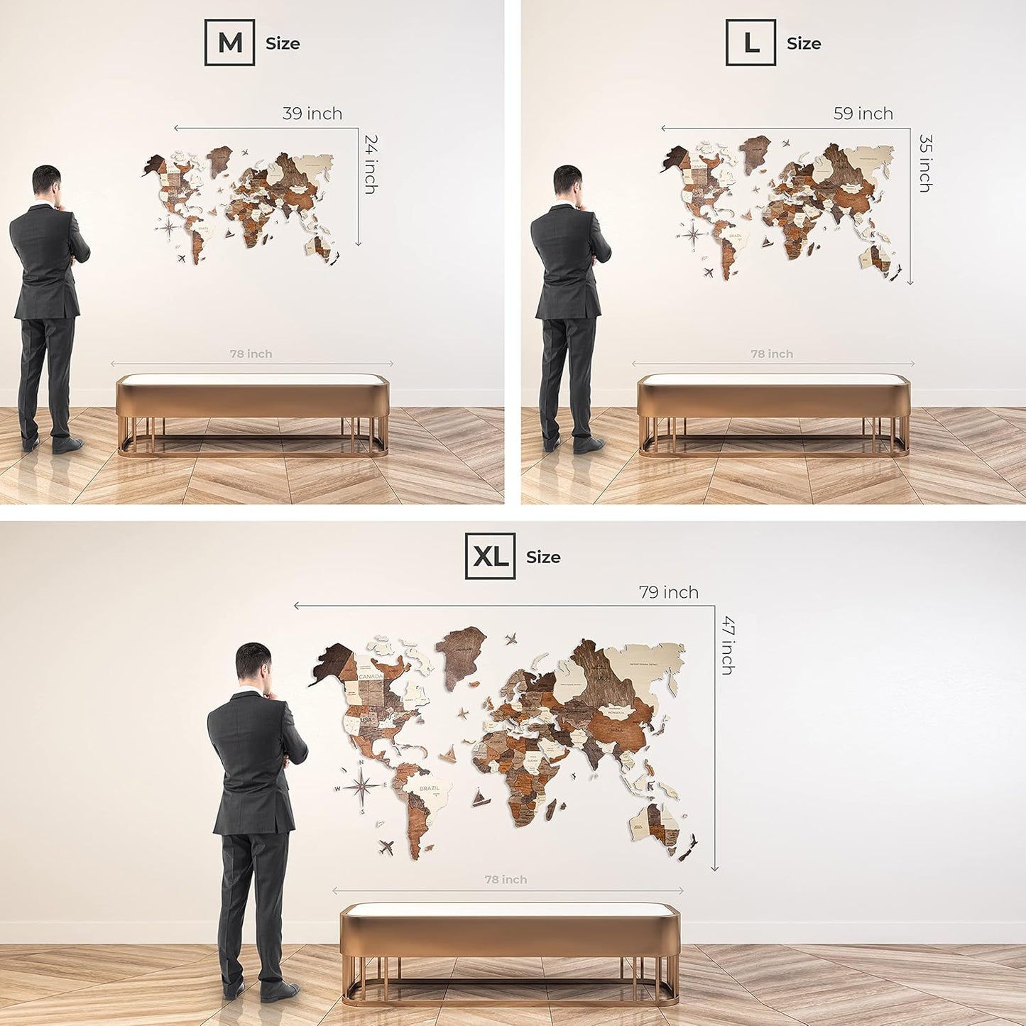 Handmade 3D Wood World Map Wall Art Large Wall Decor Track Your World Travels - Special For Home, Kitchen And Office (Medium, Walnut)
