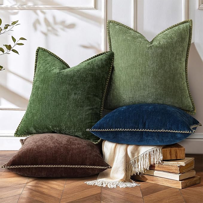 decorUhome Chenille Soft Cozy Throw Pillow Covers 12x20 Set of 2, Modern Farmhouse Boho Velvet Decorative Pillow Cases with Stitched Edge for Couch Sofa Bed Home Decor, Chocolate