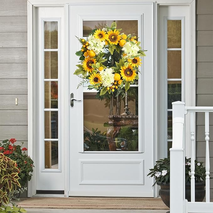 Sunflower Wreath with Hydrangeas, Lemons, Big Berry,Summer Wreath for Front Door, Unique Housewarming Gift,mother'day Gift,Farmhouse Porch Decor, Wall Decor-22IN