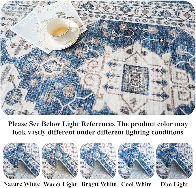 Washable 4x8 Hallway Runner Rug: Vintage 8ft Soft Runners for Entry Kitchen Wide Low Pile Carpet with Non-Slip Backing for Living Room Bedroom Thin Bathroom Carpet for Dining Room Foyer(4x8,Blue