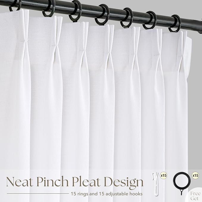 Pinch Pleated White Curtains 102 inch Length for Living Room 2 Panels Light Filtering Semi Sheer White Linen Drapes Modern Elegant Coastal Decor Aesthetic Memory Shape Window Curtain 102 inches Long