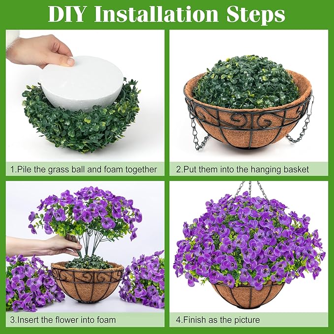 Artificial Hanging Flowers with Baskets for Outdoors, Fake Silk Pansy Flowers UV Resistant Faux Hanging Plants for Front Porch Patio Yard Home Spring Summer Decoration, Purple