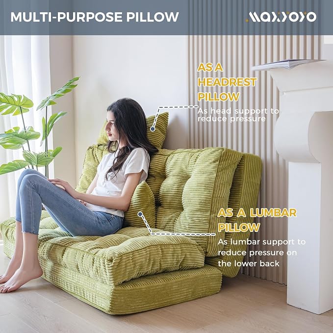 MAXYOYO Folding Sofa Bed, Tufted Bean Bag Bed with Pillows Floor Couch for Adults, Extra Thick and Long Floor Sofa, Full Floor Couch Bed for Bedroom Living Room, Green, 54x91 Inch
