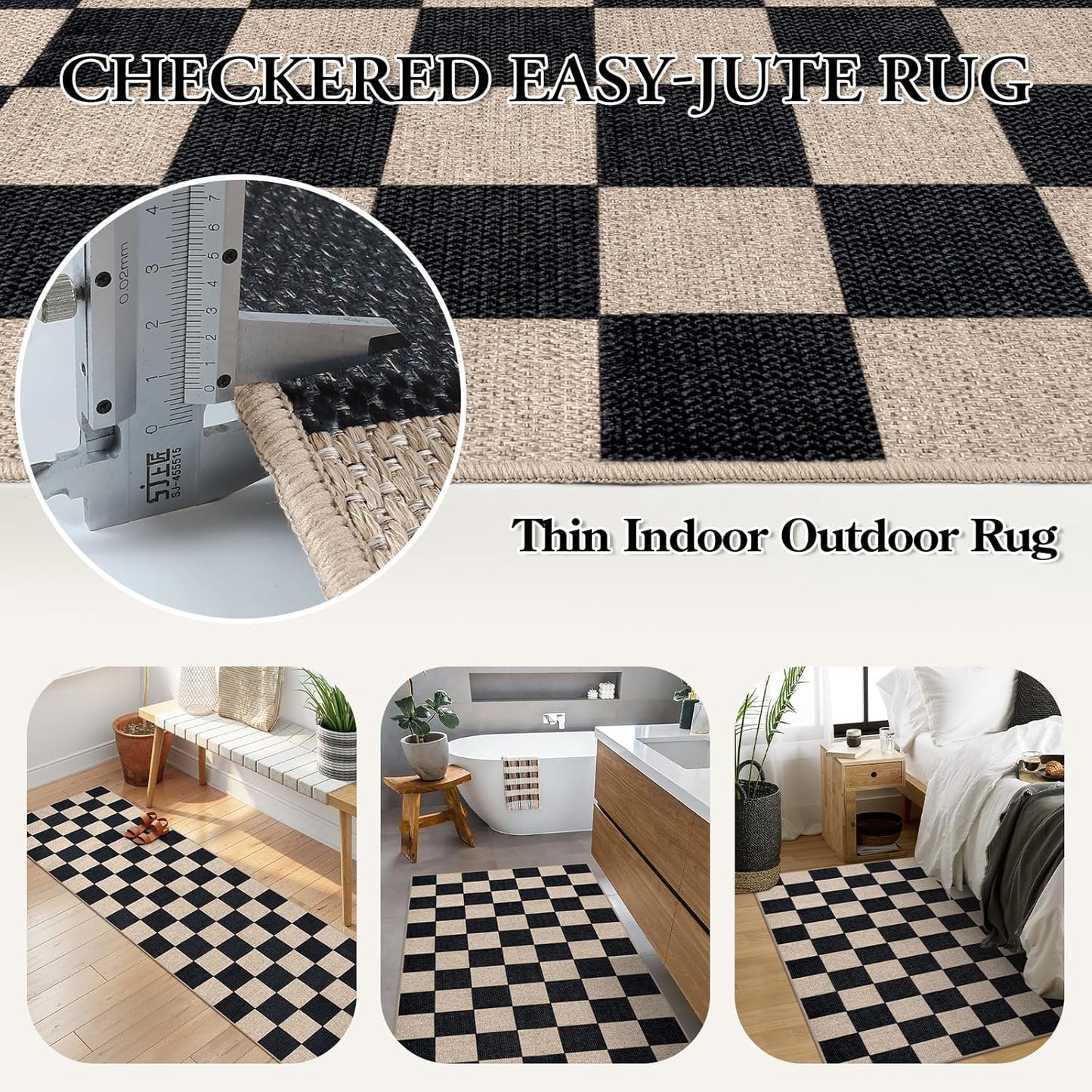 Lahome Checkered Easy Jute Carpet, 3x5 Outdoor Patio Rug Washable Rugs for Entryway Checkerboard Indoor Outdoor Living Room Classroom Carpet, Farmhouse Neutral Non Slip Black Door Mat for Bedroom