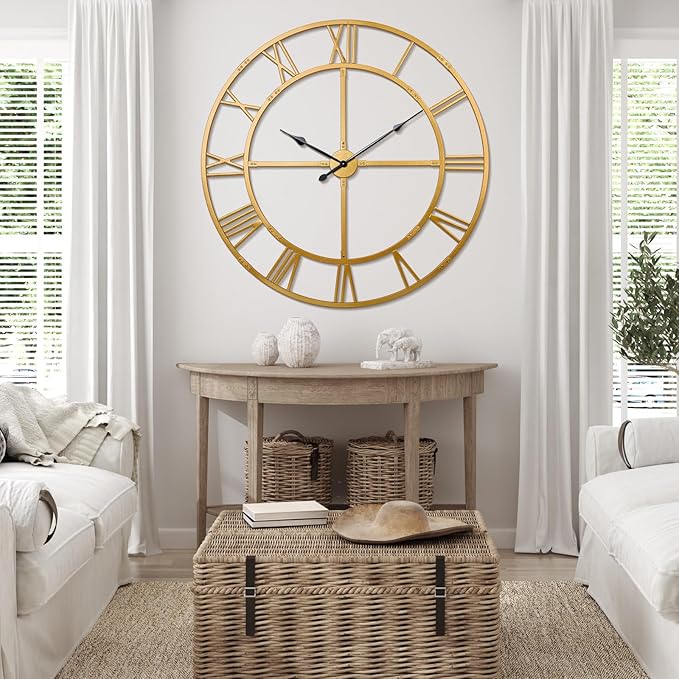 Large Wall Clock for Living Room Decor – 48 inch Knocked-Down (KD) Silent Non-Ticking Modern Farmhouse Wall Clock, Oversized Decorative Metal Roman Numeral Clock, Gold