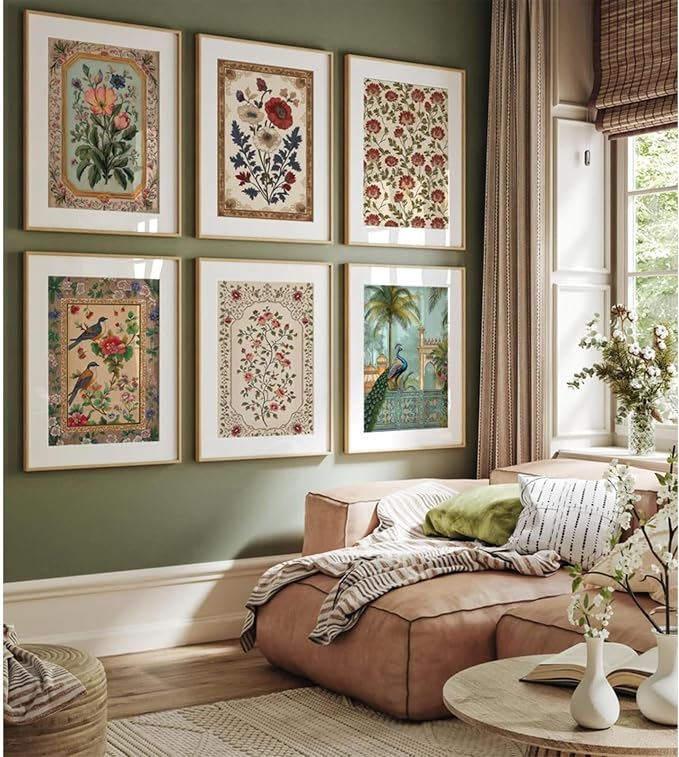 Indian Wall Art Vintage Floral Canvas Poster India Wall Decor Folk Flower Prints Scandinavian Pictures Antique Botanical Painting Gallery Artwork for Bedroom Living Room 12x16 Inch Unframed Set of 6