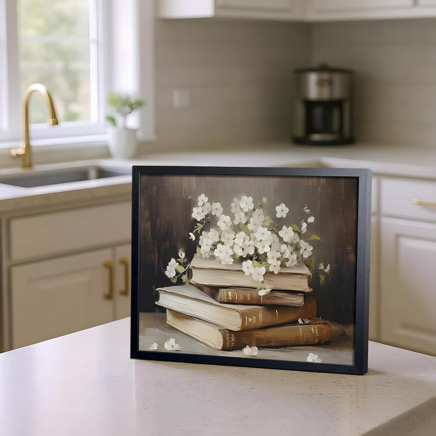 Wood Framed Canvas Poster Print Wall Art, Vintage Floral Book Wall Decor Oil Painting, Dark Academia Room Aesthetics Picture for Bathroom Classroom Dormitory room Decor 8x10 inch