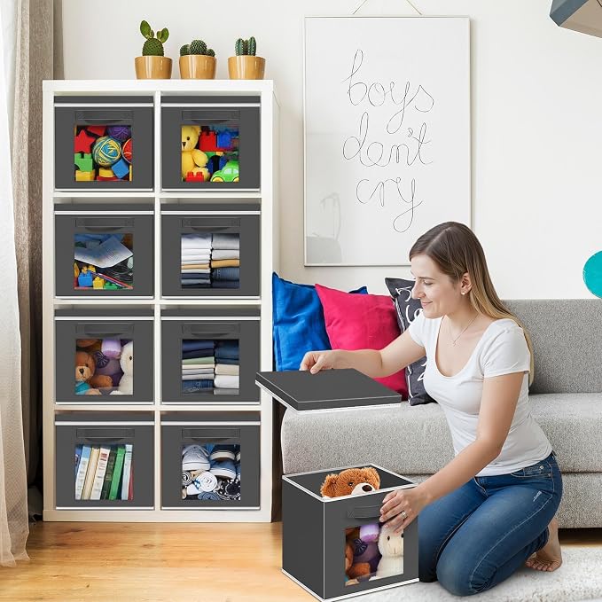 Threehoney 10 Pcs Fabric Storage Cubes with Lids and Clear Windows 11x11 Inch Foldable Closet Organizer Bins Aesthetic Dark Gray Storage Bins for Shelves Dorm Essentials Craft & Office Organization
