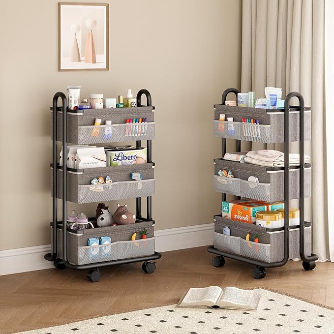 3-Tier Baby Diaper Caddy Organizer Cart, Mobile Nursery Storage Carts with Wheels, 3 Dividers & 6 Mesh Pockets Durable Metal Utility Cart for Nursery, Bedroom, Bathroom, Baby Essentials Organization