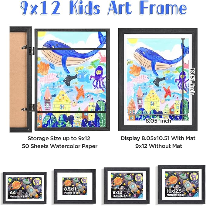 KINLINK 9x12 Kids Art Frame Set of 2, Solid Wood Kids Artwork Frames Changeable with Front Opening Hold 150 Pictures, Art Frames for Kids Art with Mat,without Mat 9x12 Picture Frame Black Wood