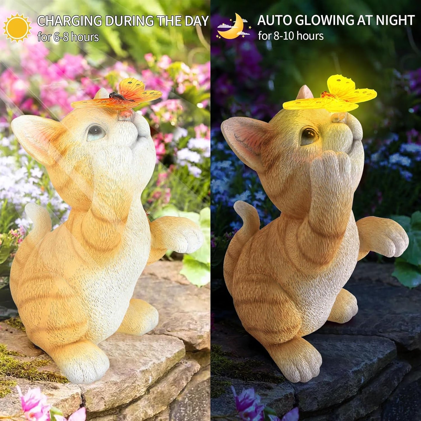 Solar Garden Statue Cat Figurine,Resin Cat Statue Playing Butterfly,Outdoor Decoration for Patio,Balcony,Yard, Lawn-Unique Housewarming Gift for Garden Mom Grandma