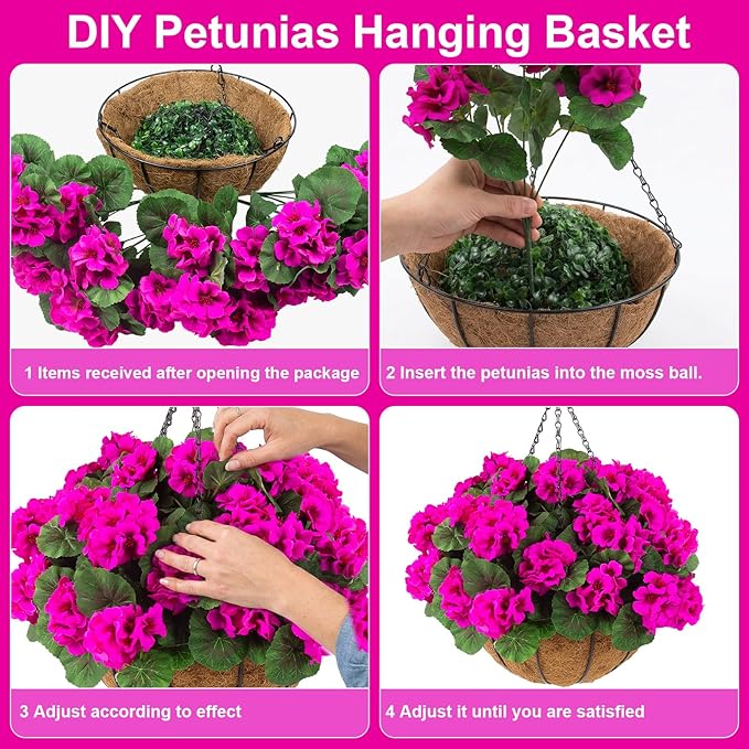 Hananona 2 Set Artificial Outdoor Geraniums Flowers with Hanging Basket, 2 Hanging Planters with 12 Pcs Red Geranium Flowers for Spring Summer Front Porch Garden Patio Home Decor (2, Rose Red)