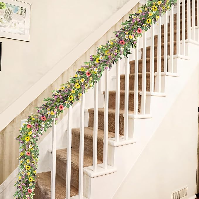 6 ft Artificial Wildflower Garland Wisteria Lavender Garland Daisy and Lavender Faux Floral Vine Summer Spring Floral Fake Wreath All Year Round Home Decor for Indoor Outdoor Home Wedding Arch
