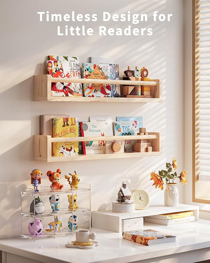 Seocry Nursery Book Shelves, 4 Pack, Wall Book Shelves for Kids Room, Baby, Toddler, Nursery Decor (Wood, 23 Inches)