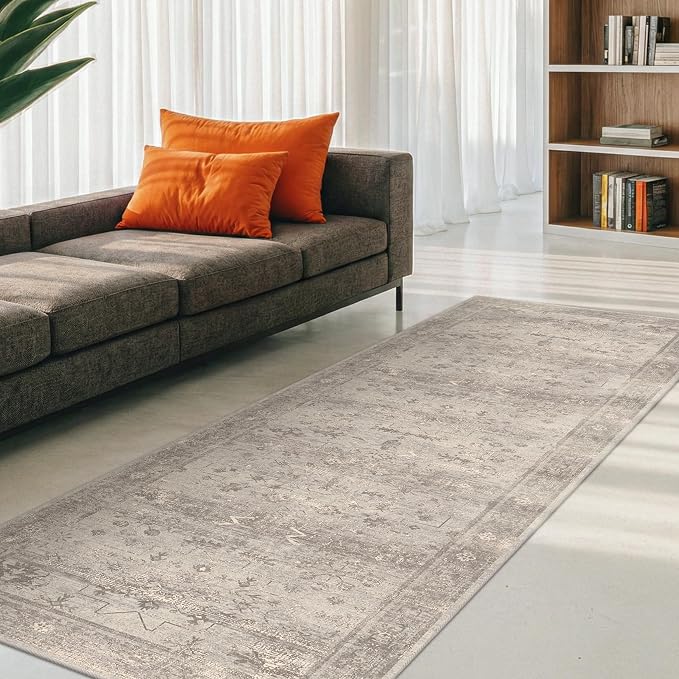 2'6"x8' Washable Hallway Runner Rug with Non Slip Backing, Kitchen Runner, Low Pile Long Area Rug for Entryway, Bathroom, Laundry Room, Vintage Farmhouse Greige Granite Decor