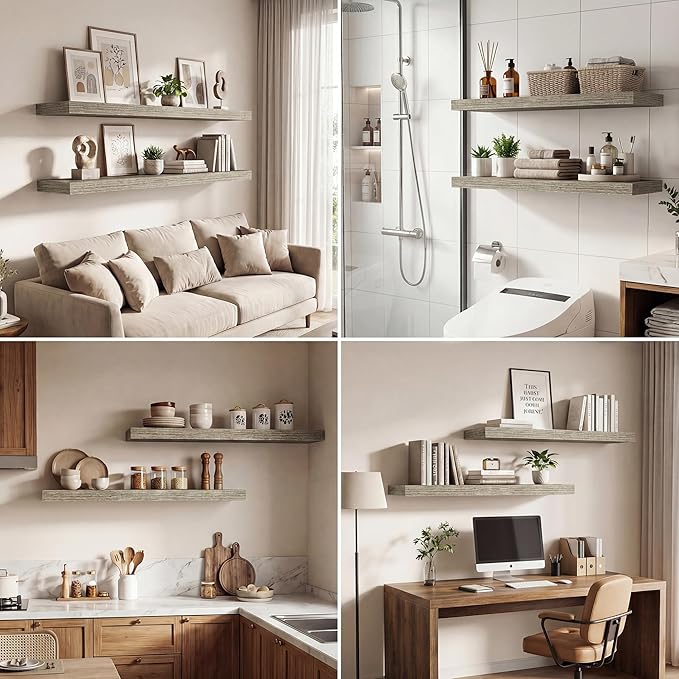 Dreamland 24 Inches Floating Shelves for Wall,9.3" Deep Long Floating Shelves Set of 2,Large Display & Storage Shelf,Wall Shelf for Bathroom Bedroom Living Room Kitchen Office,Grey