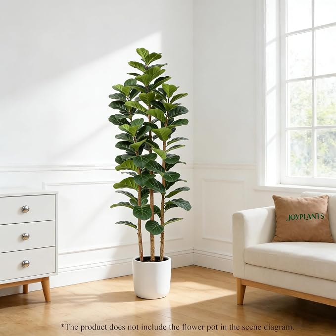 6ft Fake Fiddle Leaf Fig Tree, Realistic Fake Plants with Natural-Looking Trunk, Evergreen Faux Plants Indoor for Home & Office Decor(3 Poles, Black Pot)