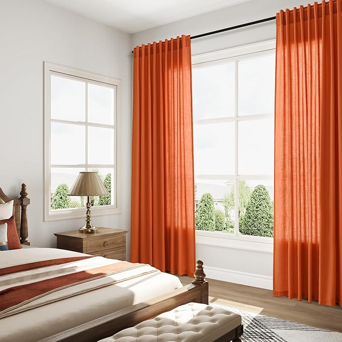 Nanspring Bright Orange Linen Blend Light Filtering Back Tab Curtains 96 Inches Long, Semi Sheer Privacy Drapes for Living Room & Bedroom, 52x96 inch, 2 Panels