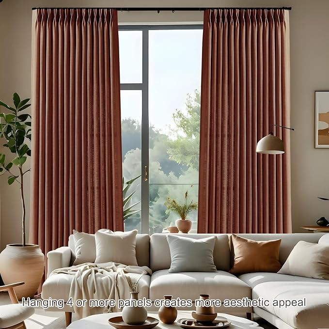 Reddish Brown Pinch Pleated Linen Curtains 96 Inches Long for Living Room, Light Filtering Pleat Drapes Textured Thick Ceiling Semi-Sheer Window Curtain with Hooks for Bedroom Balcony, 2 Panels