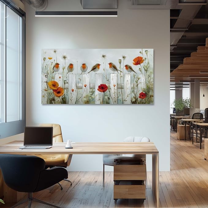 Ggaafet Garden Birds Wall Art for Living Room Canvas Oil Painting Prints Cute Sparrow on Fence Art Deco Nature Artwork Office Bedroom Family Dining Room Decor Large