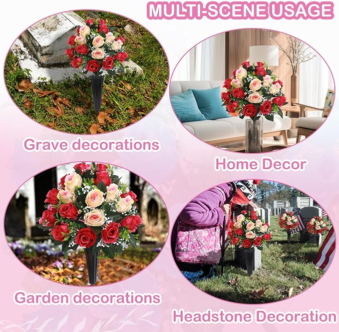 Lodou Set of 2 Artificial Cemetery Flowers, Memorial Flowers Bouquet,Grave Memorial Flowers with Vase for Cemetery Headstones Decoration (Rose red Beige)