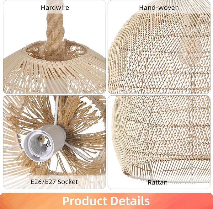 Arturesthome Natural Rattan Pendant Light for Kitchen Island, Woven Lamp Shade Chandelier, Hanging Ceiling Light, Handmade Lampshade Rope Lamp D15.7in*13.7in
