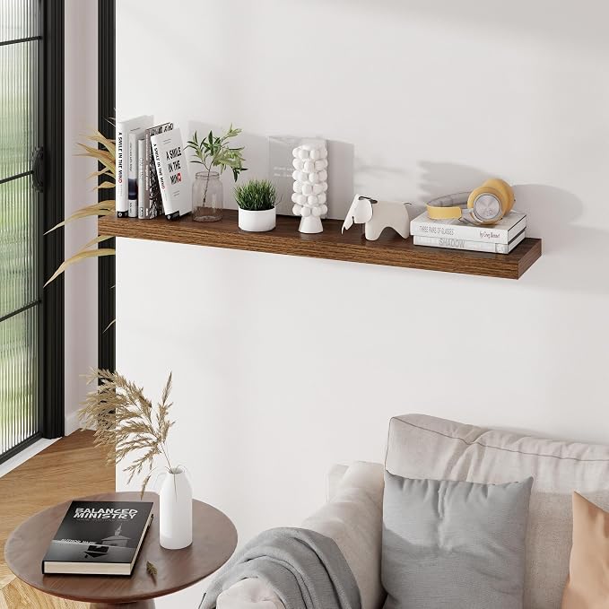 Floating Shelves for Wall, 48 inch Walnut Extra Long Floating Shelves, 9.3in Deep Wall Mounted Shelf, Wooden Shelves for Living Room, Bathroom, Kitchen, Office, Floating TV Stand, 2 Packs