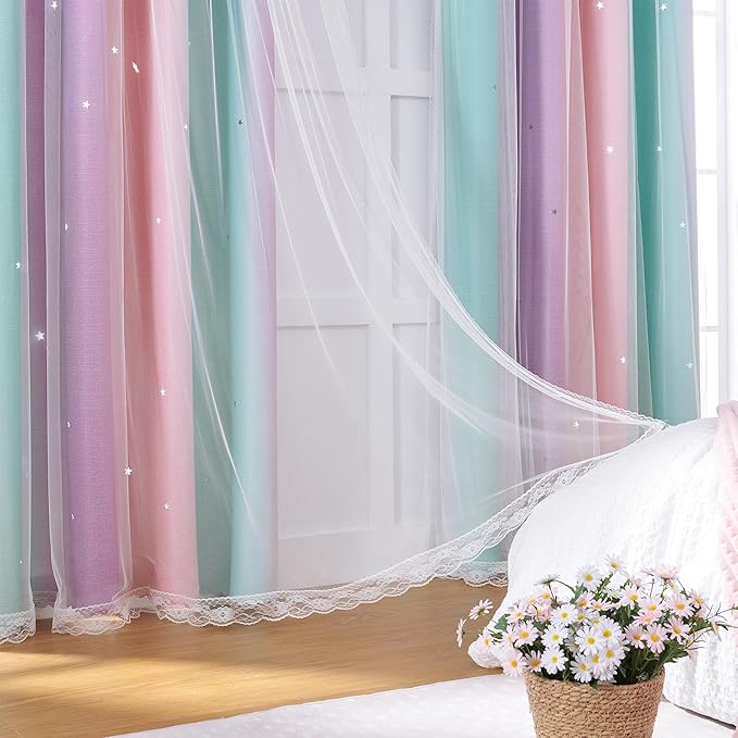 XiDi Curtains for Girls Bedroom Kids Room 2 Panels Colorful Rainbow Star Blackout Curtains Unicorn Wall Decor Cute Mermaid Princess 34 Inches Wide 79 Inches Long Grommet Drapes Pink Purple Green