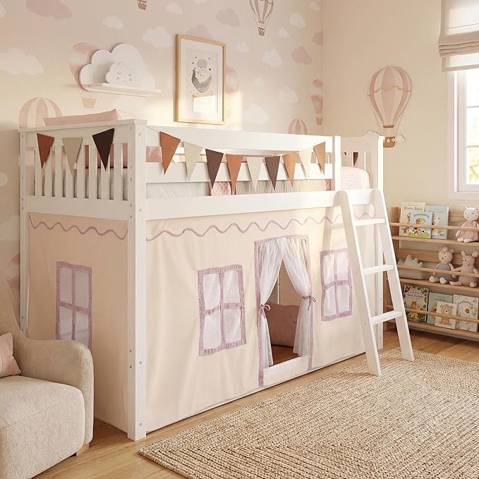 Breling 3 Panel Bunk Bed Curtains for Bottom Loft Bed Tent Set with Felt Flag Double-Layer Twin Bunk Curtains Playhouse Accessories for Boy Girl Bedroom(Cream)