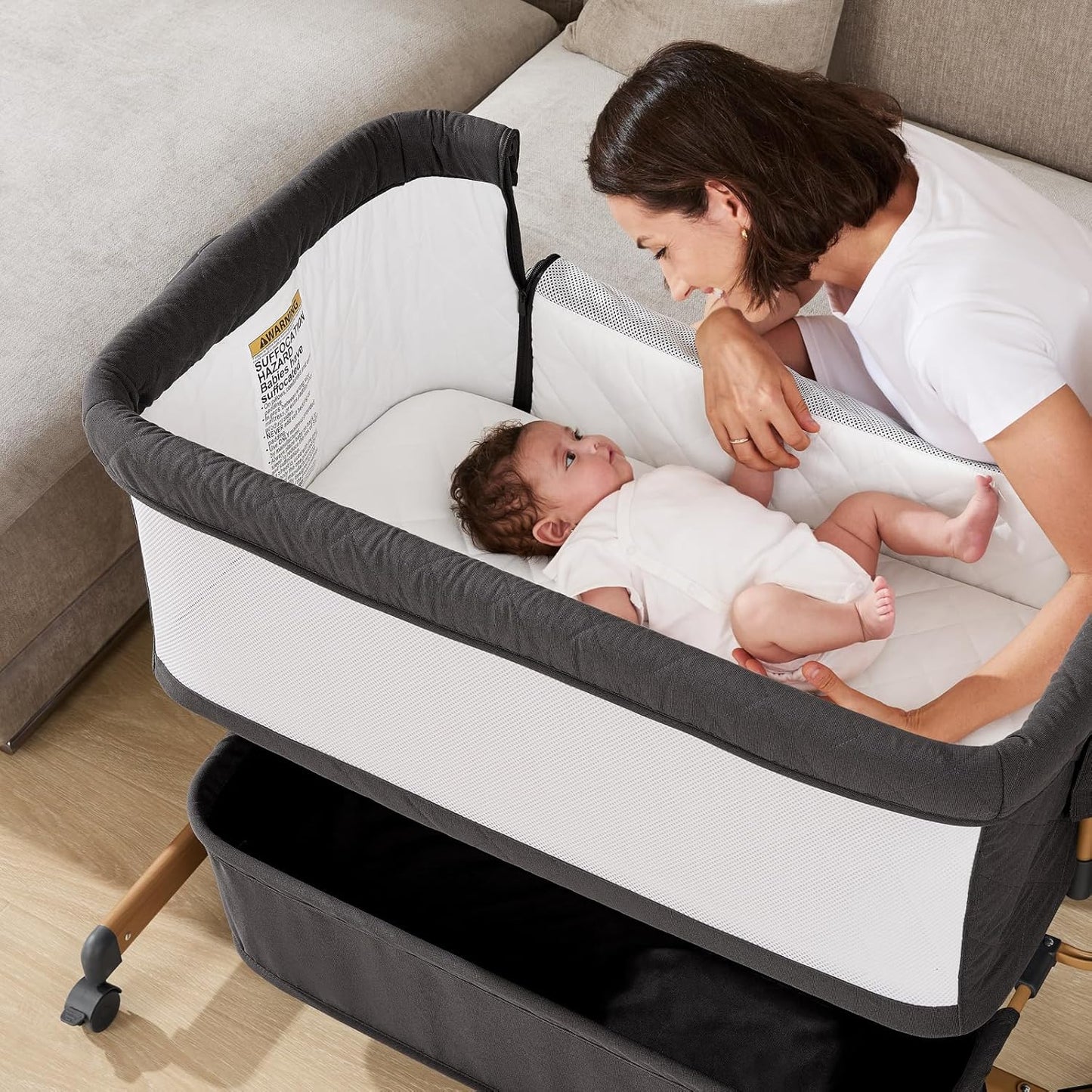 3 in 1 Baby Bassinet, Rocking Bassinet, Bedside Bassinet, 6-Height Adjustable, Bassinet Bedside Sleeper, Bedside Bassient for Baby with Comfy Mattress, Breathable Mesh, Large Storage Basket