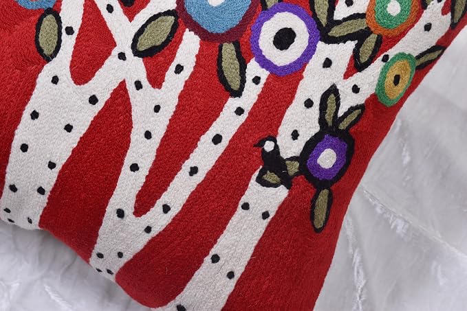 Red Tree of Life Throw Pillow Cover Karla Gerard Floral Pillowcase Reds Flower Pillowsham Floral Chair Cushion Kids Room Hand Embroidered Wool 18x18 Inch