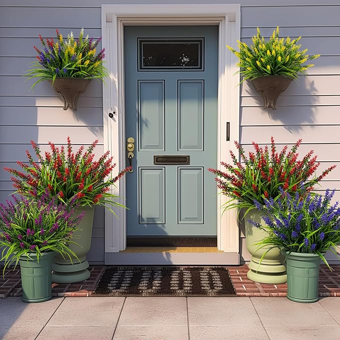 Nigirior Artificial Flowers for Outdoor Plants 24 Bundles Fake Lavender Plastic Faux Monkey Grass for Verandah Window Garden Office Patio Front Porch UV Resistant for Planter(Red)