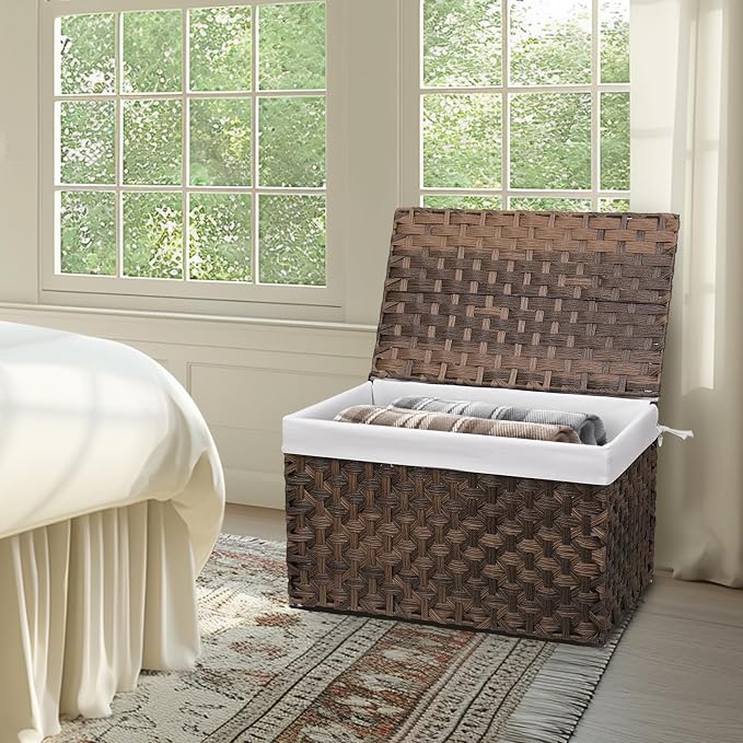 Wicker Storage Basket with Lid, 52.8 Gallon (200L) Large Blanket Basket with Lid, Woven Storage Bin with Handles, Removable Liner, Metal Frame, Foldable, for Bedroom, Laundry Room, Brown