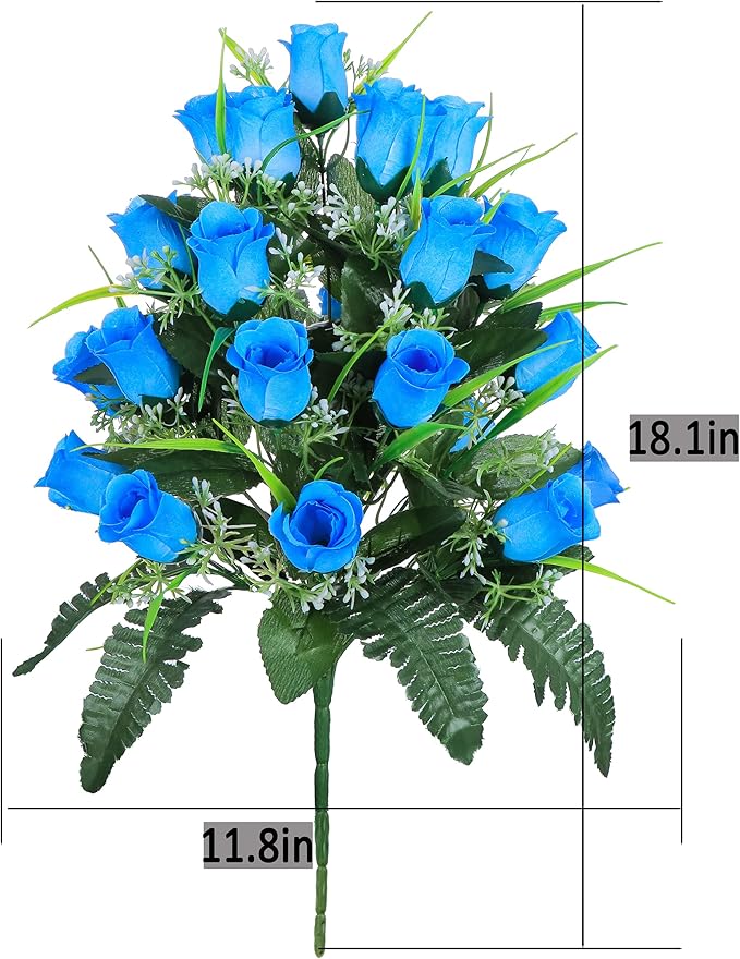LVXINLI 2 Sets Artificial Cemetery Flowers,Outdoor Grave Decorations Roses,Beautiful Arrangements Bouquet with Cemetery Vase,Lasting and Non-Bleed Colors (Blue)
